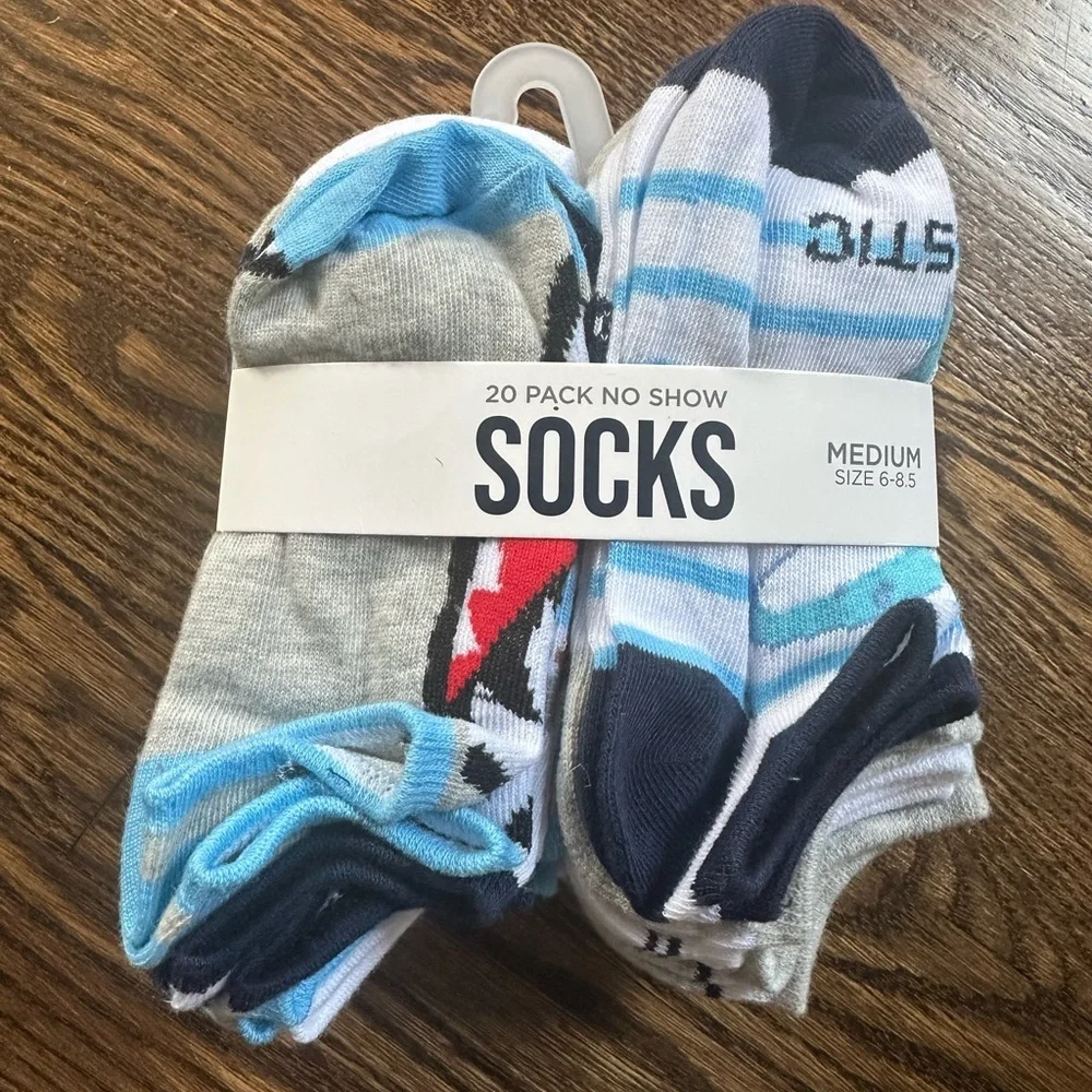 Kids No Show Socks 20 Pack Shark Print Striped Low Cut Sneaker Boys Size 6-8.5